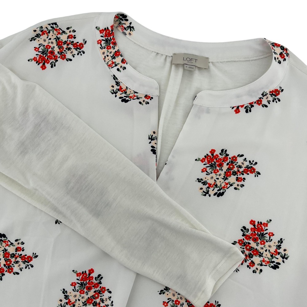 LOFT Floral Blouse Split Neck Long Sleeve Casual Top‎ White Red Size M